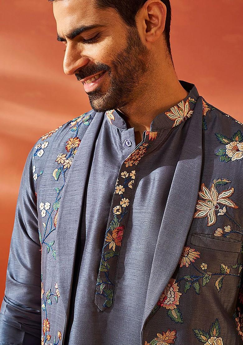 Grey Embroidered Poly Blend Nehru Jacket For Men