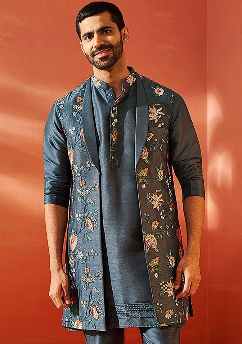 Grey Embroidered Poly Blend Nehru Jacket For Men