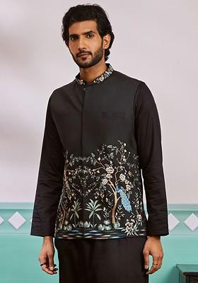 Black Embroidered Poly Blend Nehru Jacket For Men