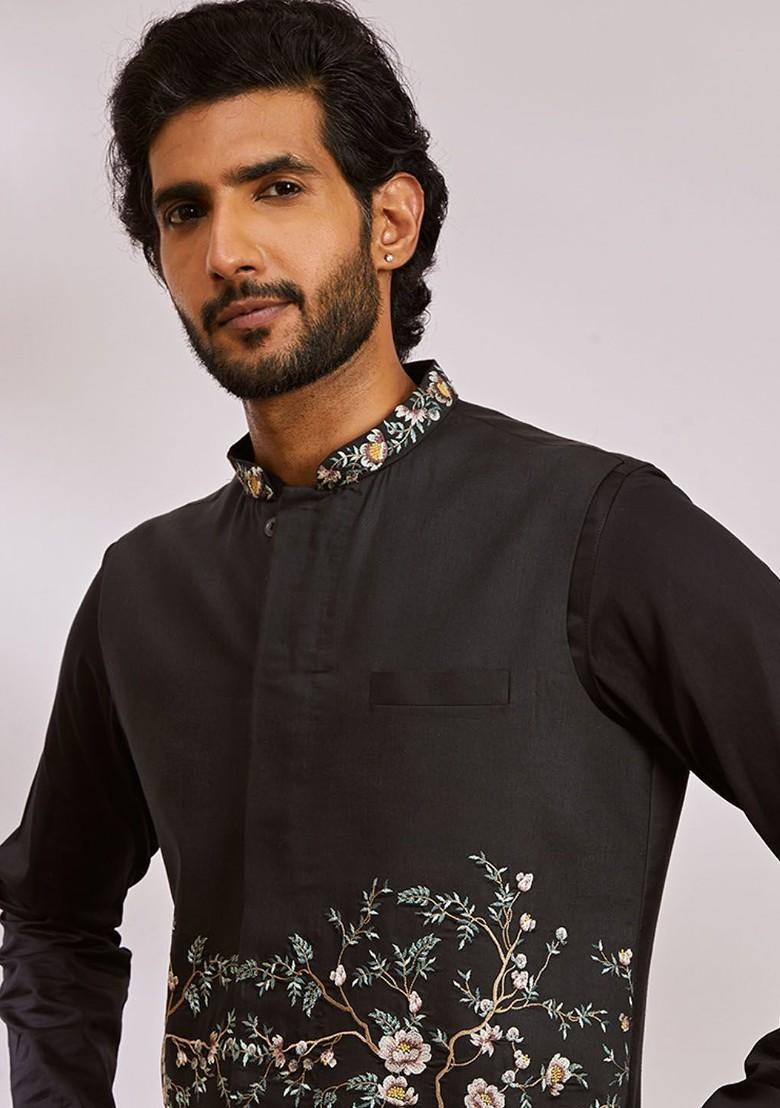 Black Embroidered Poly Blend Nehru Jacket For Men