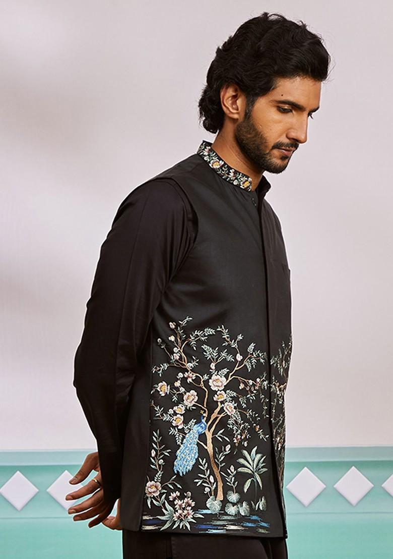 Black Embroidered Poly Blend Nehru Jacket For Men