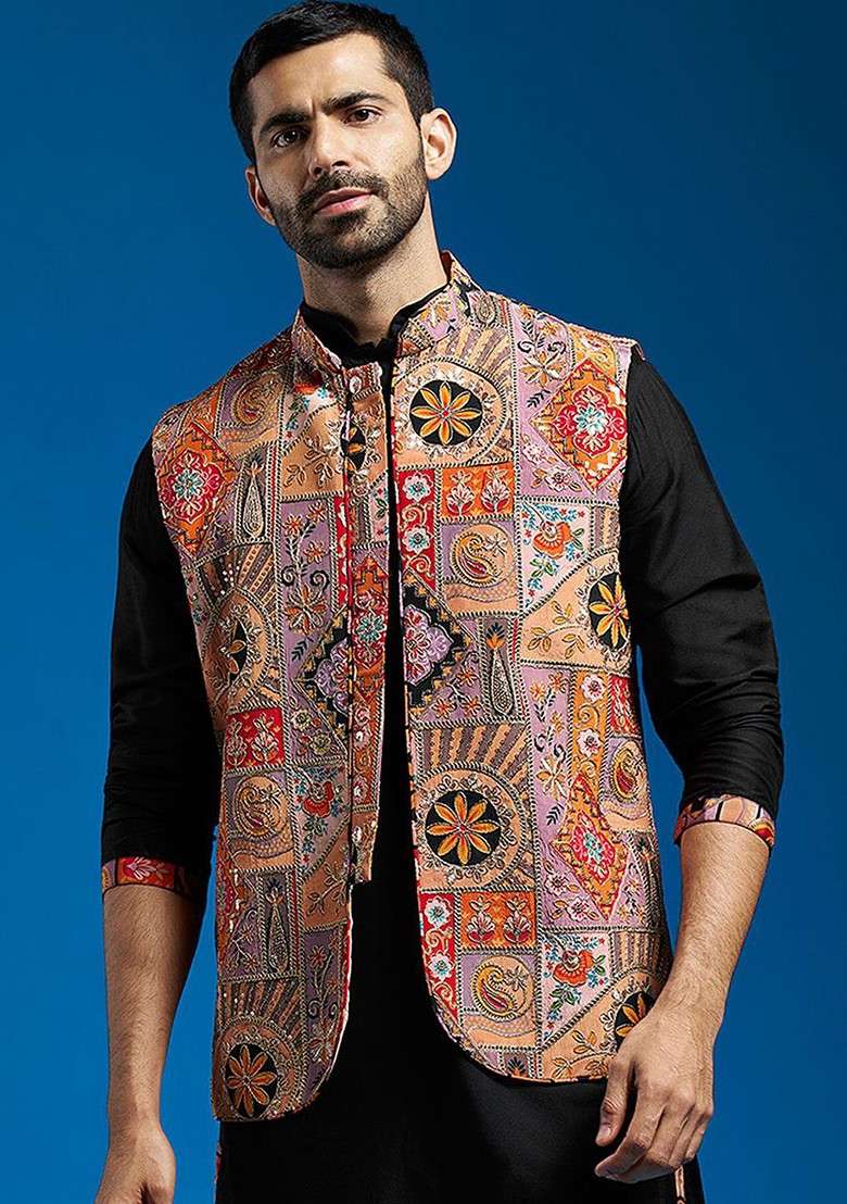Red Embroidered Poly Blend Nehru Jacket For Men - Indya