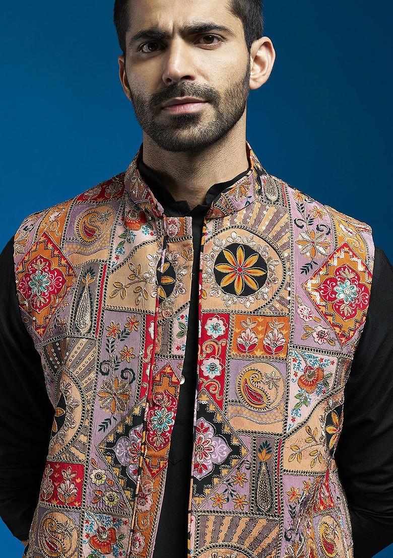 Red Embroidered Poly Blend Nehru Jacket For Men