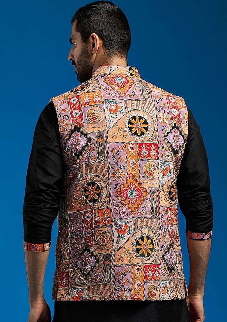Red Embroidered Poly Blend Nehru Jacket For Men - Indya