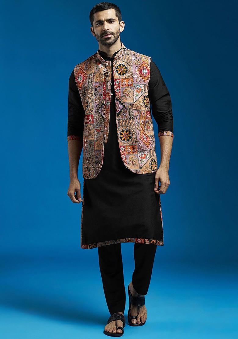 Red Embroidered Poly Blend Nehru Jacket For Men