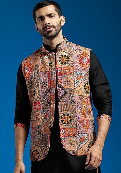 Red Embroidered Poly Blend Nehru Jacket For Men — view on Indya