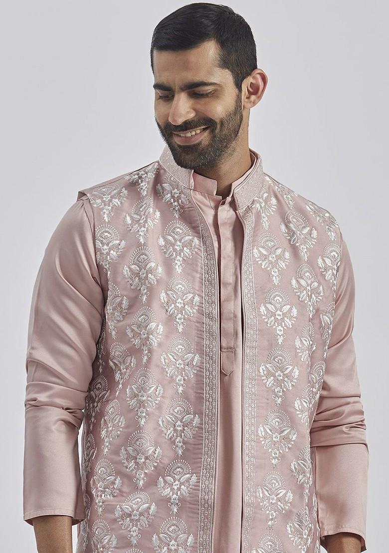 Beige Embroidered Poly Blend Nehru Jacket For Men