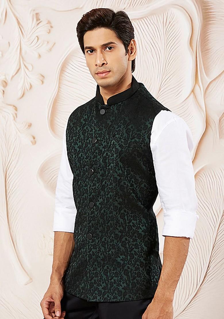Green Woven Poly Blend Nehru Jacket For Men