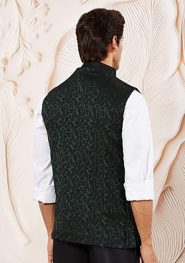 Green Woven Poly Blend Nehru Jacket For Men