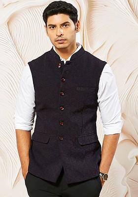 Purple Embellished Poly Blend Nehru Jacket For Men