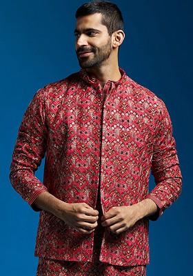 Red Embroidered Poly Blend Nehru Jacket For Men