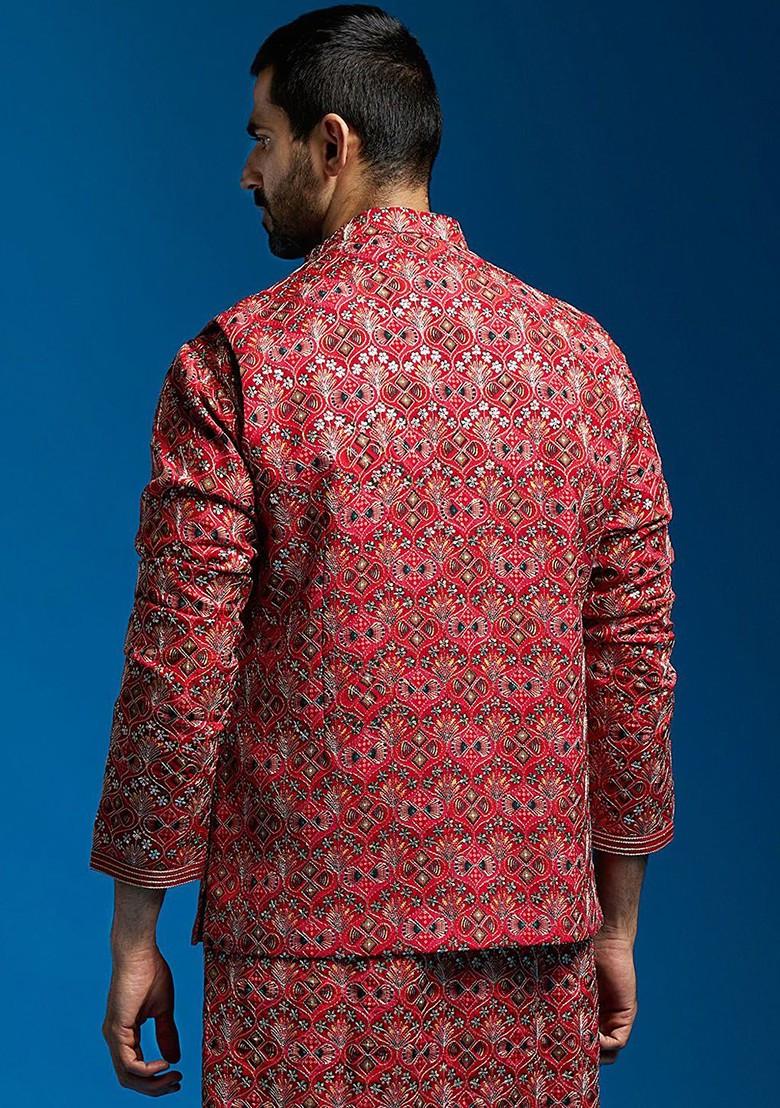 Red Embroidered Poly Blend Nehru Jacket For Men