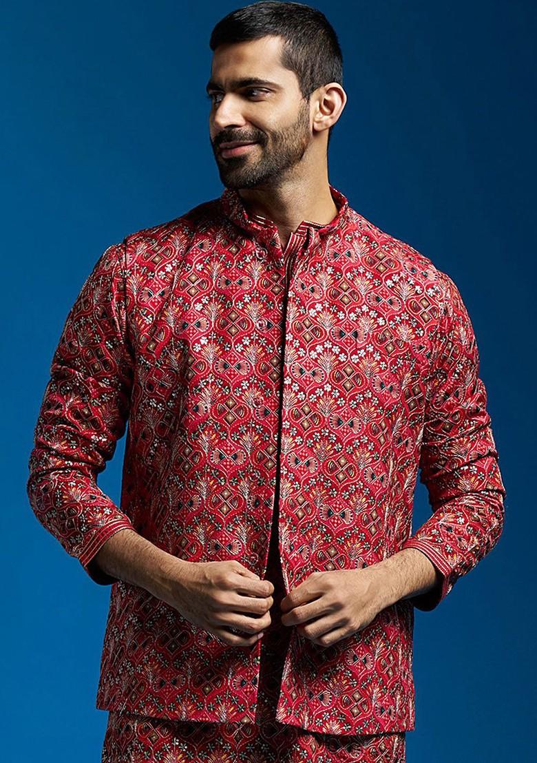 Red Embroidered Poly Blend Nehru Jacket For Men