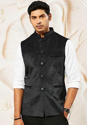 Black Printed Poly Blend Nehru Jacket For Men