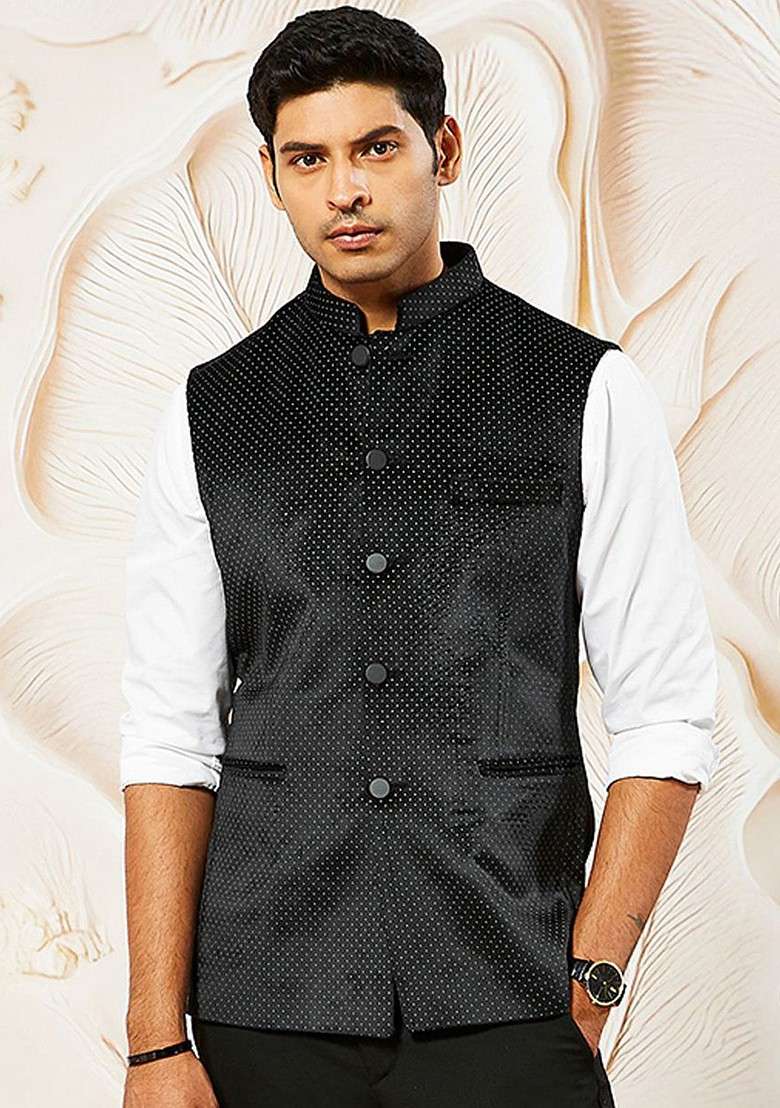 Black Printed Poly Blend Nehru Jacket For Men - Indya