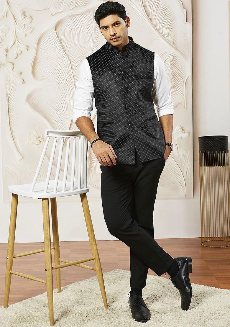 Black Printed Poly Blend Nehru Jacket For Men