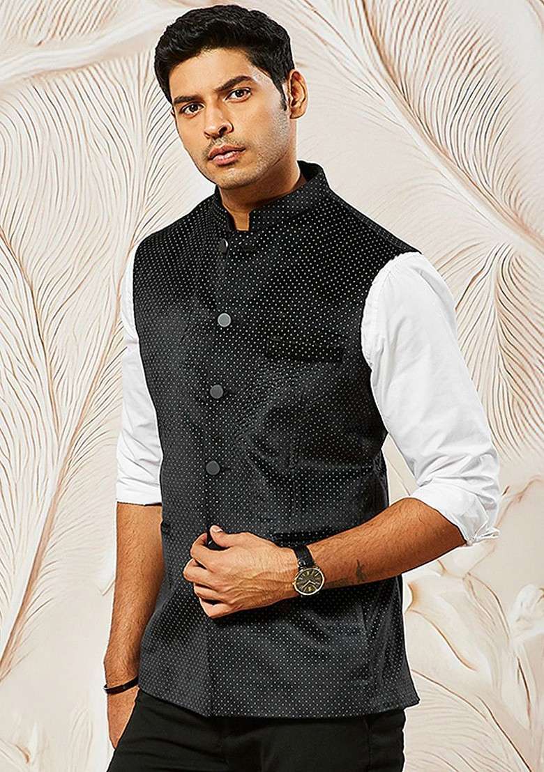 Black Printed Poly Blend Nehru Jacket For Men - Indya