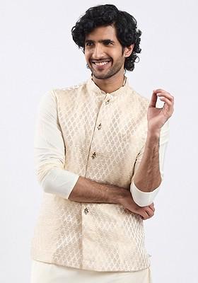 Gold Woven Poly Blend Nehru Jacket For Men