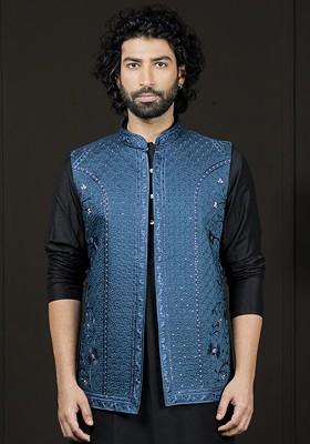 Turquoise Blue Embroidered Poly Blend Nehru Jacket For Men