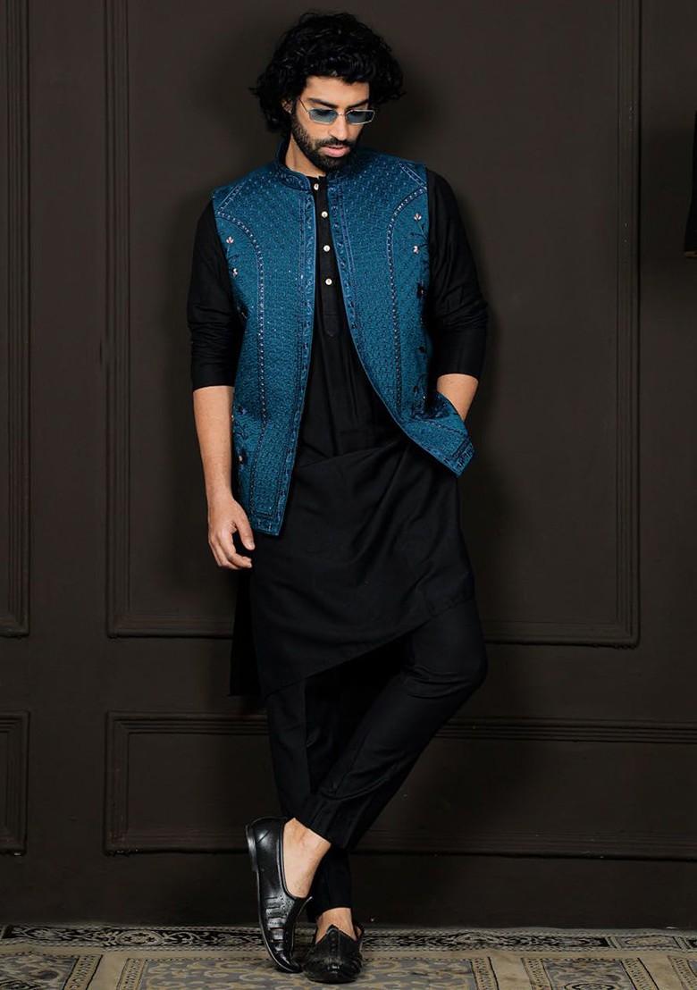 Turquoise Blue Embroidered Poly Blend Nehru Jacket For Men