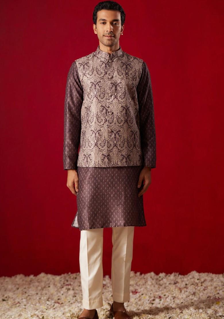 Mauve Ethnic Motifs Poly Blend Nehru Jacket For Men