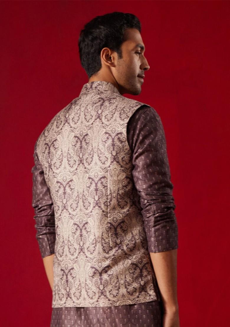 Mauve Ethnic Motifs Poly Blend Nehru Jacket For Men