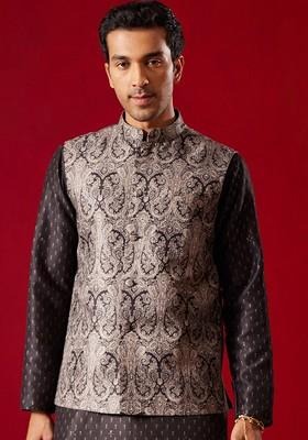 Black Printed Poly Blend Nehru Jacket For Men