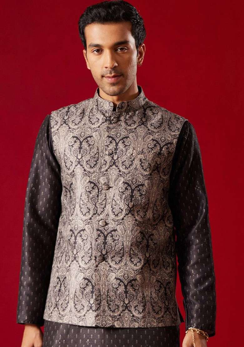 Black Printed Poly Blend Nehru Jacket For Men - Indya