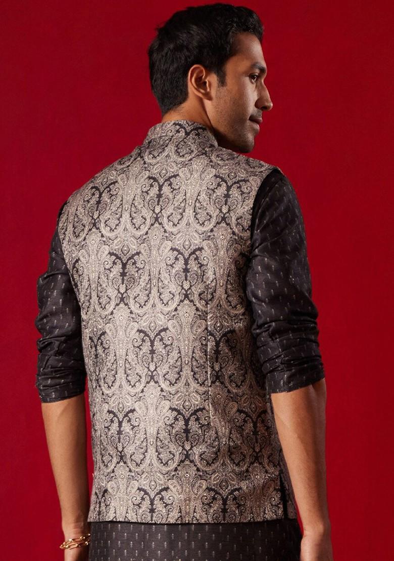 Black Printed Poly Blend Nehru Jacket For Men