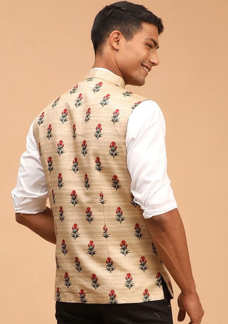 Beige Printed Poly Blend Nehru Jacket For Men