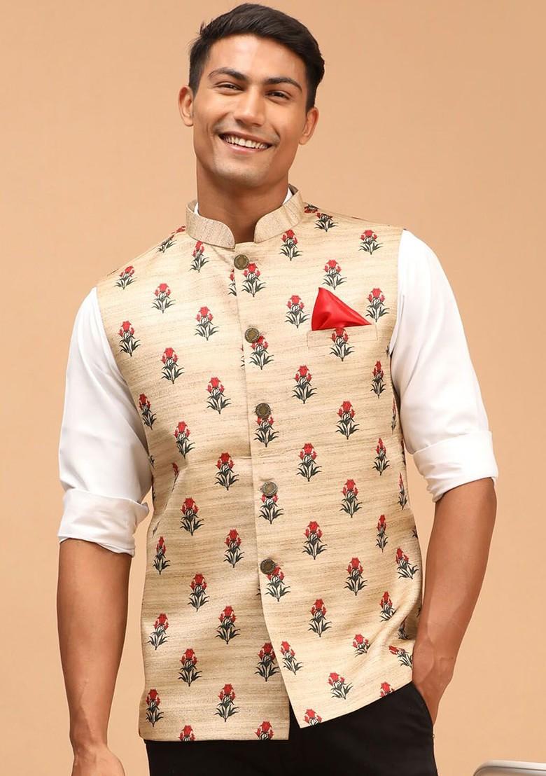 Beige Printed Poly Blend Nehru Jacket For Men