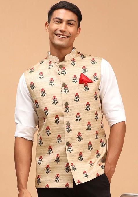 Beige Printed Poly Blend Nehru Jacket For Men — view on Indya