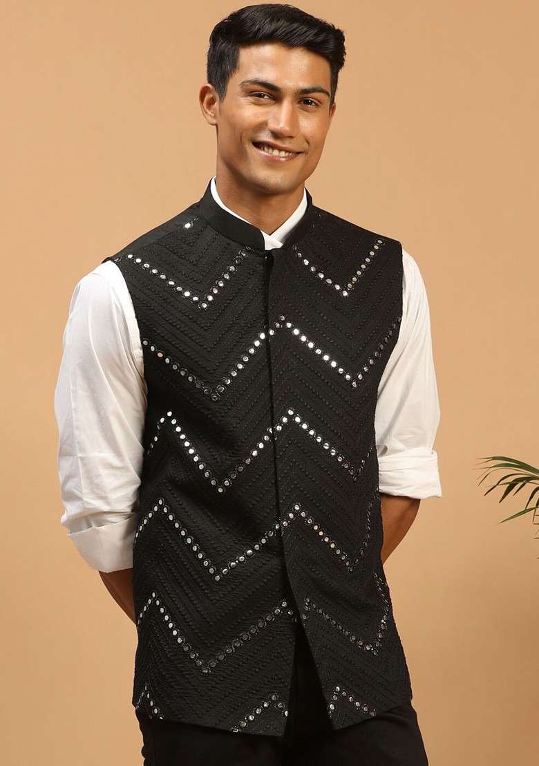 Black Embellished Poly Blend Nehru Jacket For Men - Indya