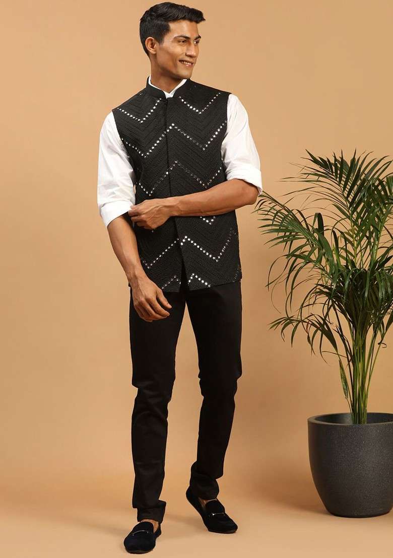 Black Embellished Poly Blend Nehru Jacket For Men - Indya