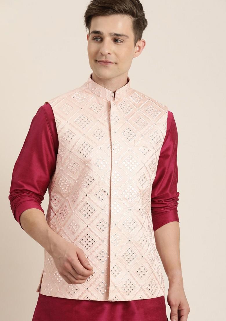 Pink Embellished Poly Blend Nehru Jacket For Men