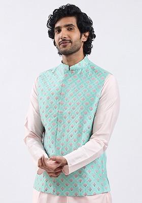 Green Embroidered Silk Nehru Jacket For Men