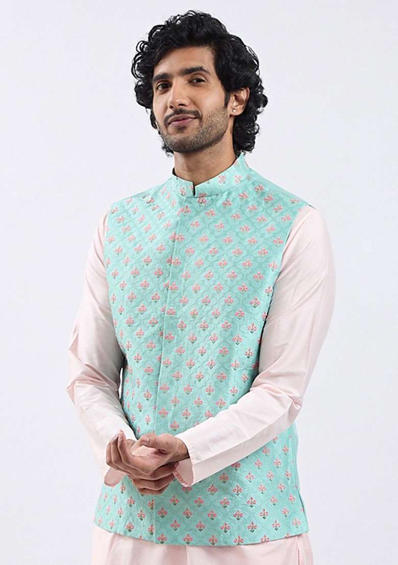 Green Embroidered Silk Blend Nehru Jacket For Men - Indya
