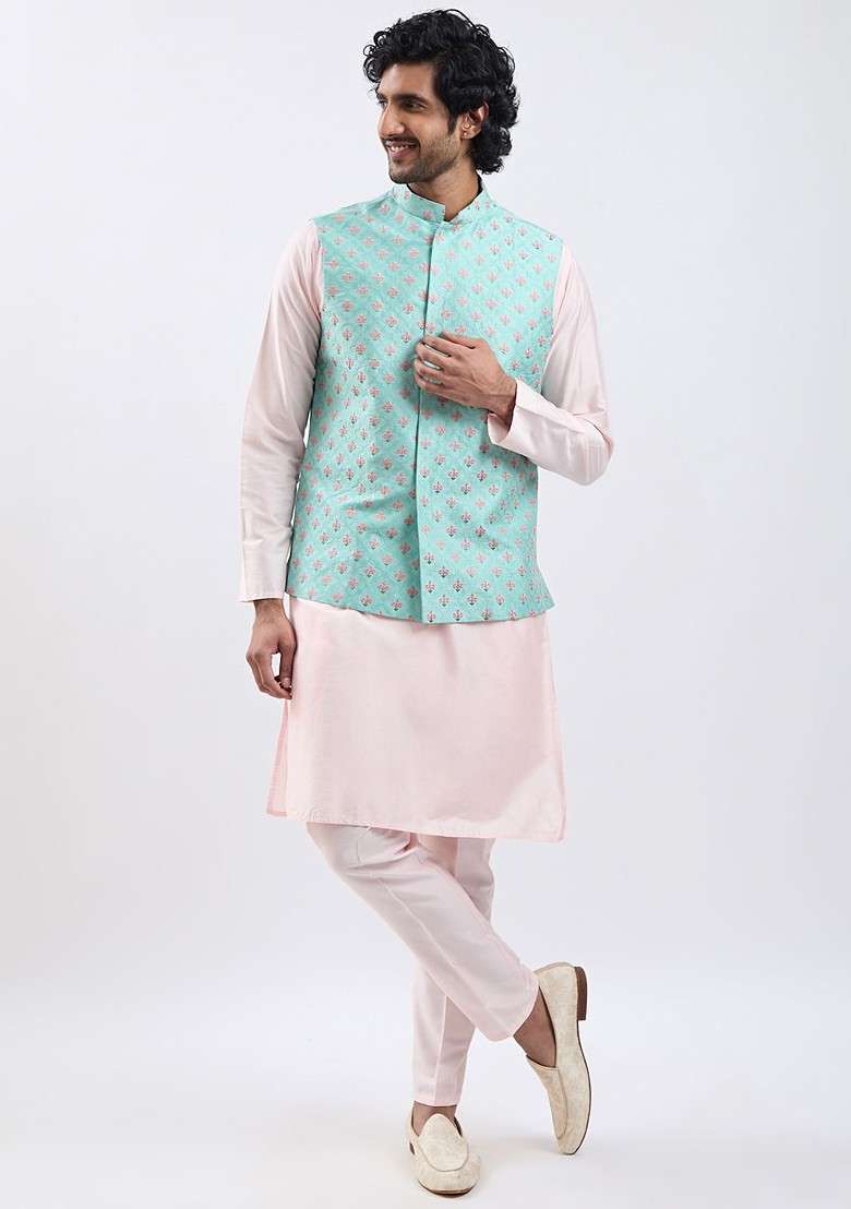 Green Embroidered Silk Blend Nehru Jacket For Men - Indya