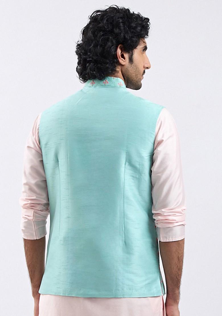 Green Embroidered Silk Nehru Jacket For Men