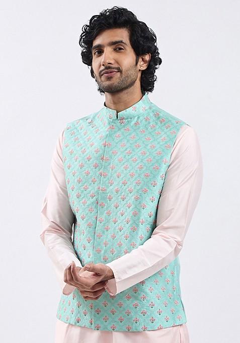 Green Embroidered Silk Nehru Jacket For Men — view on Indya