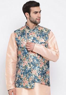 Blue Floral Print Poly Blend Nehru Jacket For Men