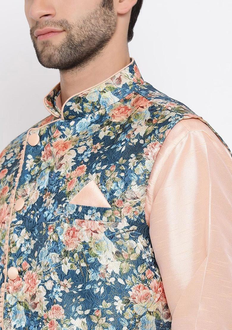 Blue Floral Print Poly Blend Nehru Jacket For Men