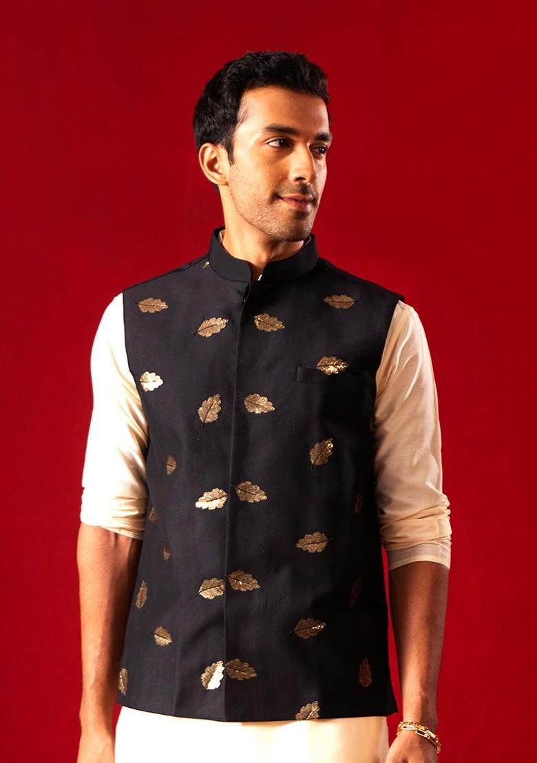 Black Woven Poly Blend Nehru Jacket For Men