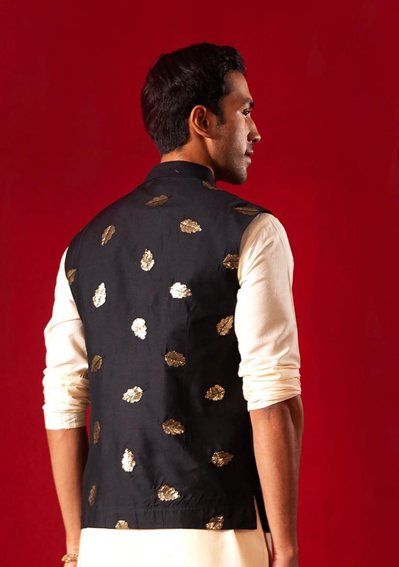 Black Woven Poly Blend Nehru Jacket For Men