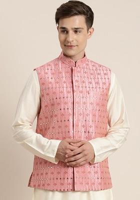 Pink Embroidered Silk Nehru Jacket For Men