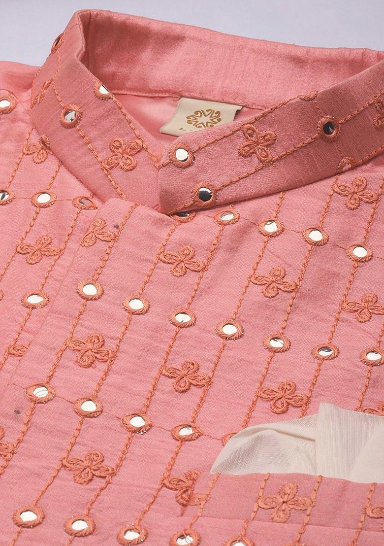 Pink Embroidered Silk Nehru Jacket For Men