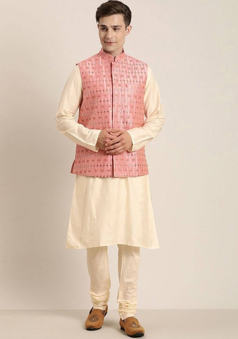 Pink Embroidered Silk Nehru Jacket For Men