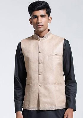 Beige Woven Poly Blend Nehru Jacket For Men