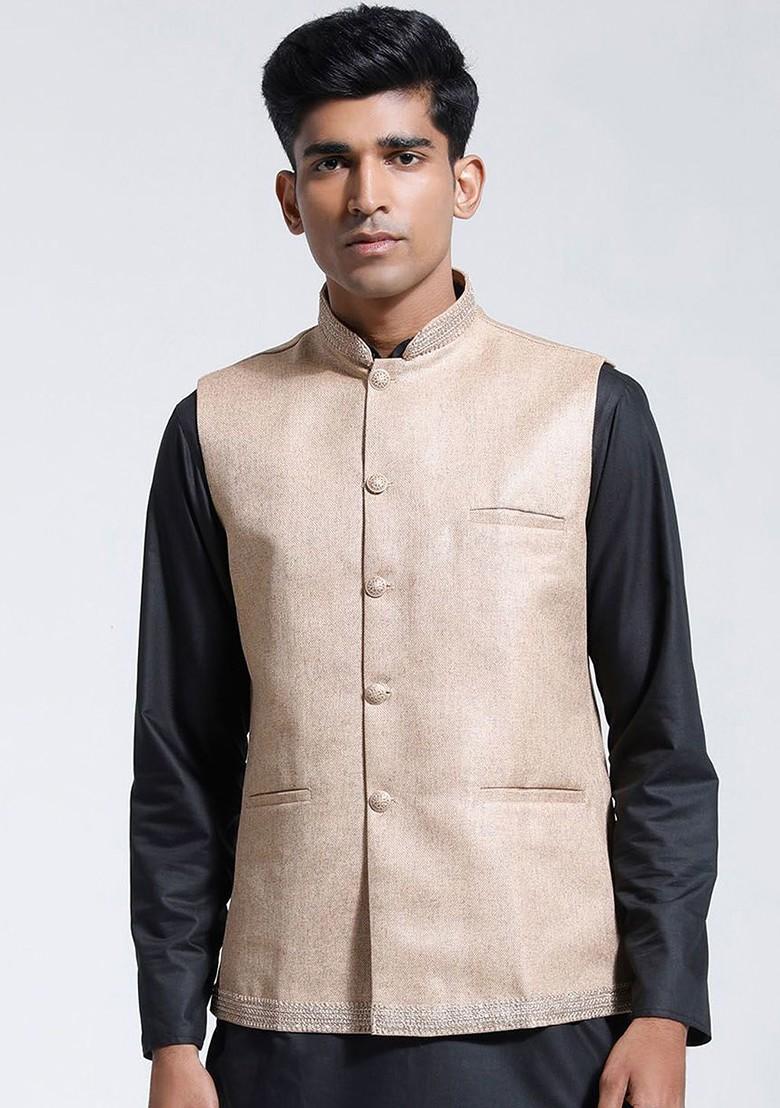 Beige Woven Poly Blend Nehru Jacket For Men