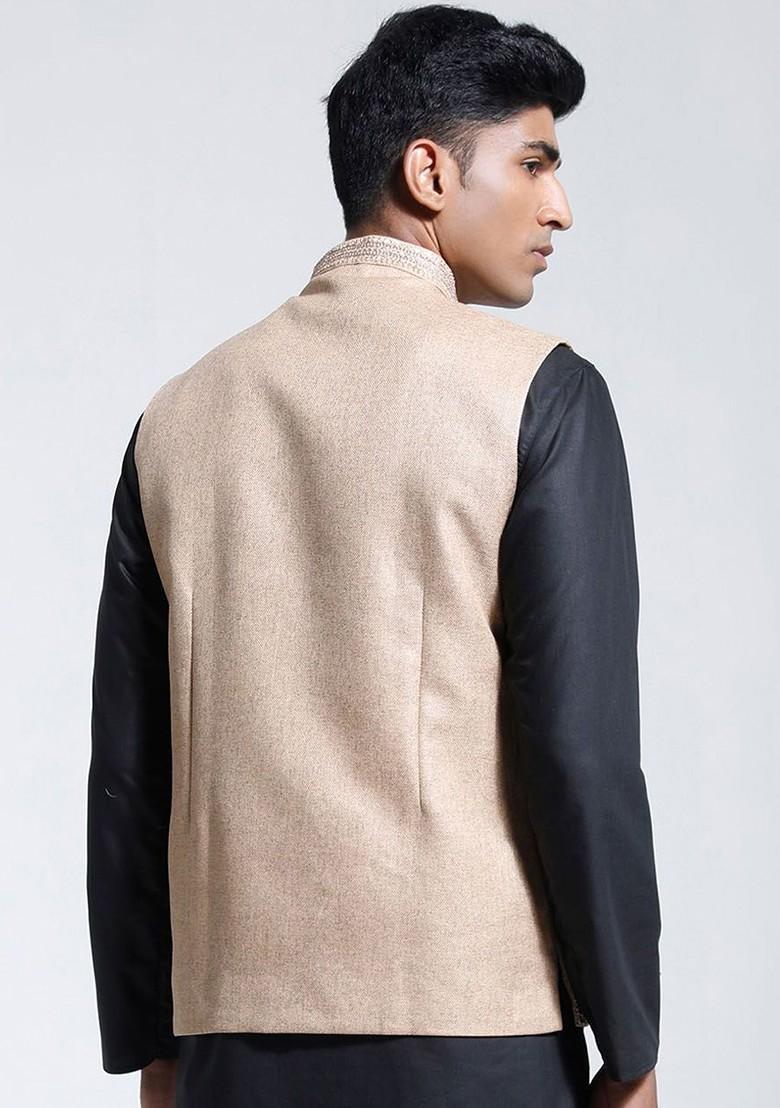Beige Woven Poly Blend Nehru Jacket For Men